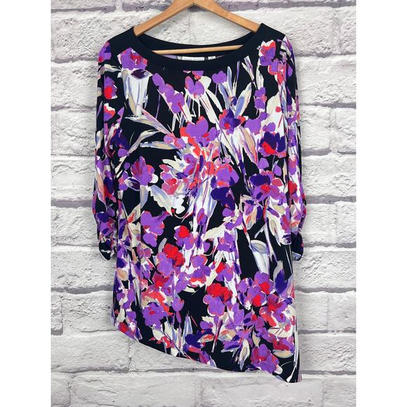 Susan Graver Womens M Artsy Abstract Floral Asymmetrical Hem Ruched Sleeve Tunic - Picture 3 of 11